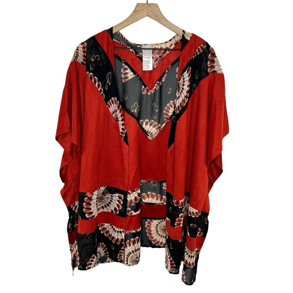 Chico’s Mixed Media Floral Sheer/Faux Suede Open Front Kimono Top Size L/XL